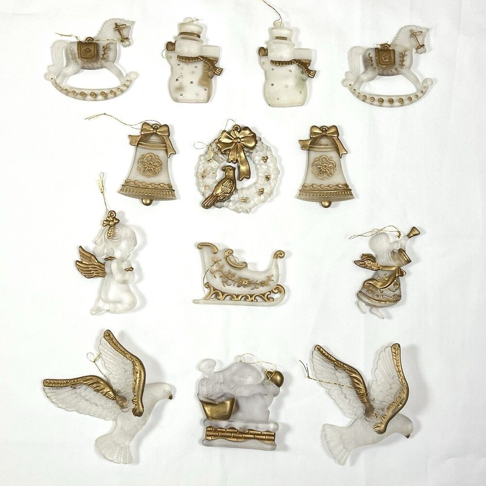 VTG Clear Frosted Acrylic Christmas Ornaments Gold Trim 13pc LOT Santa Dove Bell